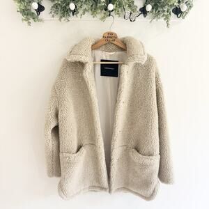 Peak Performance Beige Teddy Fleece Jacket Snap Button Closure Size S